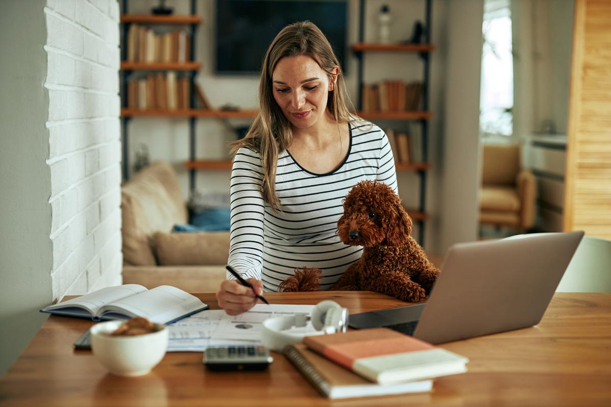 Woman at home reviewing finances at desk with dog in lap.